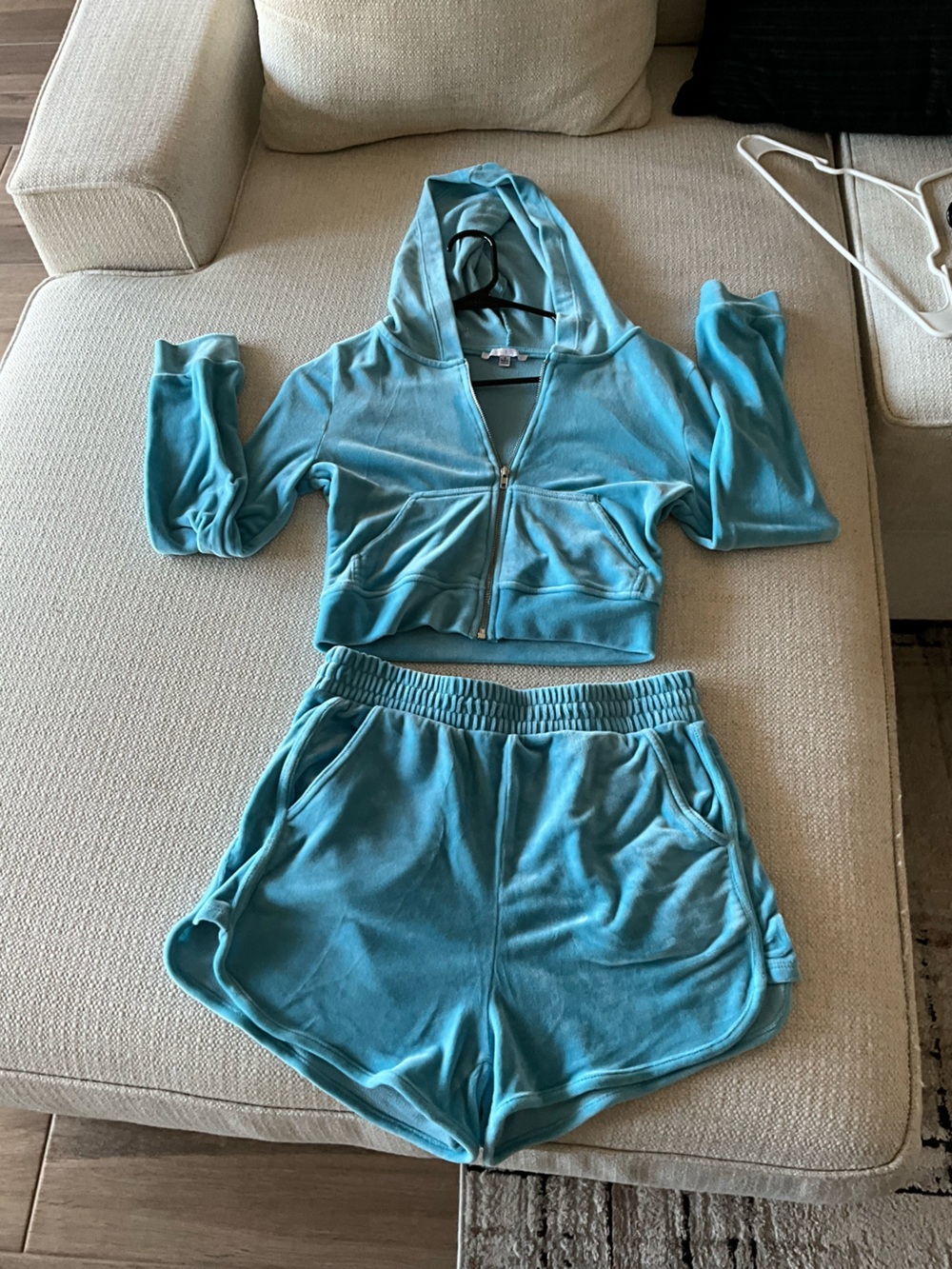 Women's Teal Velour Zip Hoodie & Shorts Lounge Set